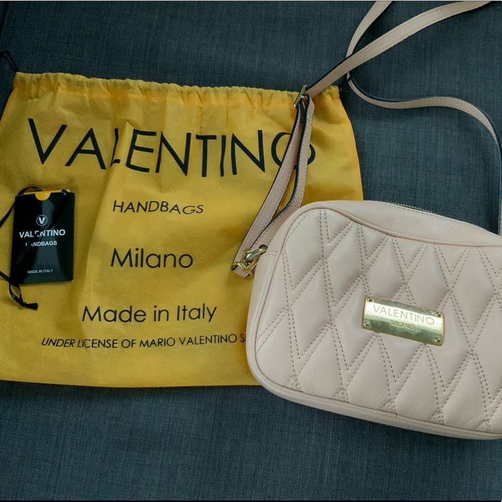 Valentino Light Pink Quilted Crossbody Bag with Gold Plaque